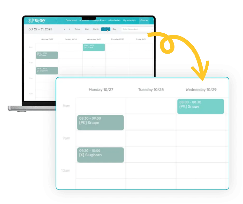 weekly planner view with sessions populated and therapy plans attached]