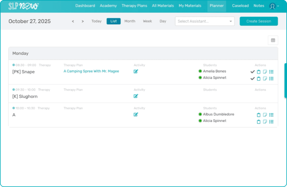 planner list view showing the clipboard icons next to student names, ready for billing