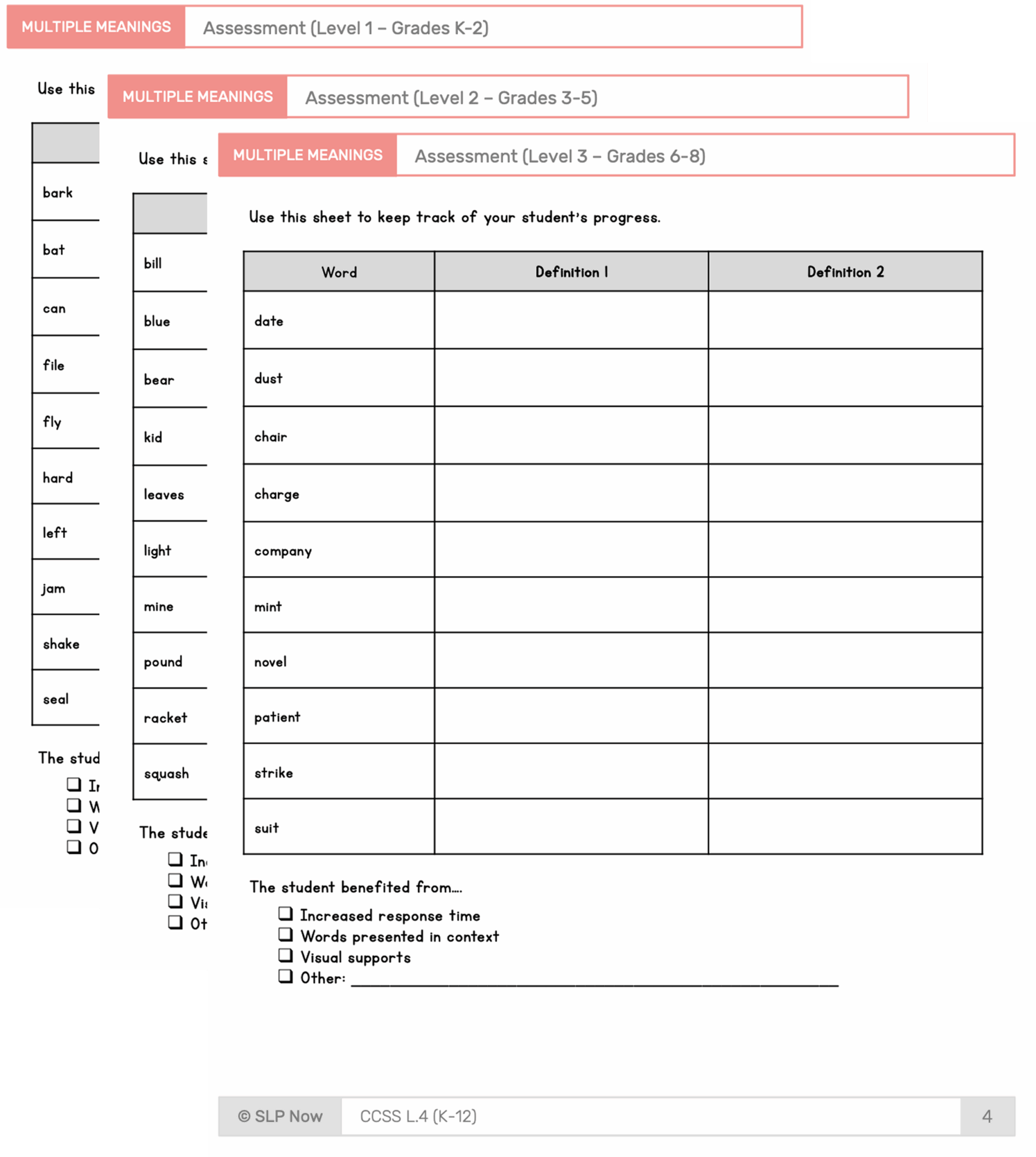 Multiple Meaning Words activities organized by grade level