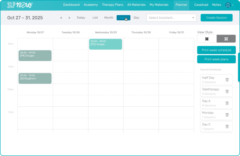 SLP Now weekly planner view showing color-coded sessions across the week